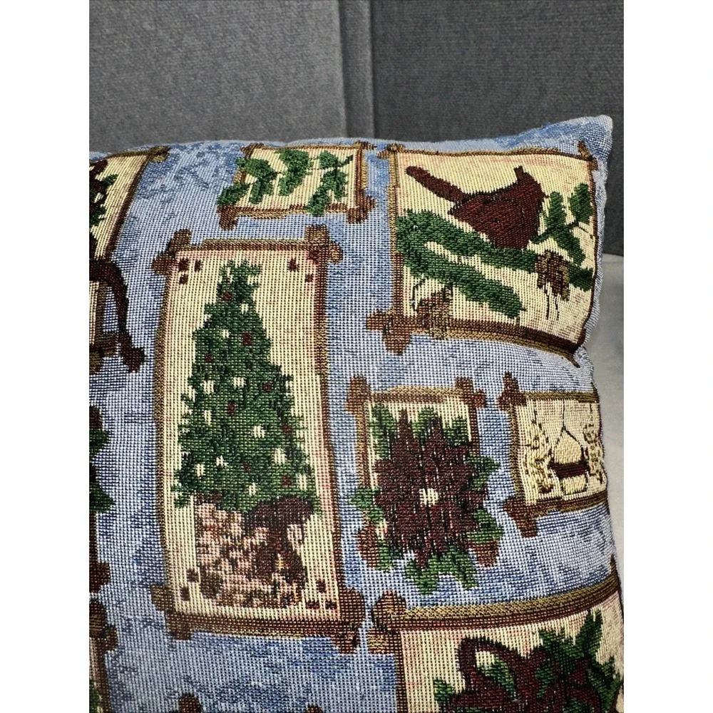 Holiday Tapestry Pillow Festive Christmas‎ Wreath Tree & Cardinal 14.5 X 14.5
